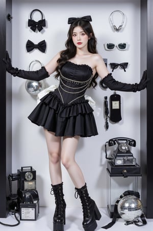 A fashion portrait of a young woman in gothic lolita style, set in a display box setting. She wears a black mini dress with corset bodice decorated with silver chains, long black gloves, and platform lace-up boots. Her hair is long, black and wavy. The background is white with vintage accessories including black bow ties, retro rotary telephones, sunglasses, and a disco ball on the floor. The composition resembles a fashion doll display case with a black frame. High fashion photography style with sharp lighting and monochromatic color scheme. High quality, detailed, 8k resolution,fluxboxc20,BeNhi