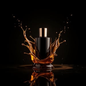 High-end perfume bottle with golden liquid splash on a black background,PFproduct