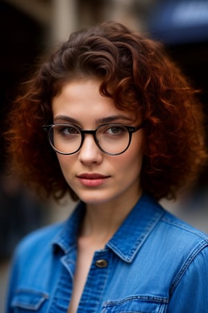 a woman with glasses is posing for a picture, red hair and attractive features, denim, photorealistic, portrait hd, (dark shorter curly hair), Turkish and Russian, hipster, girl, pixie,Masterpiece,portraitHD,photorealistic