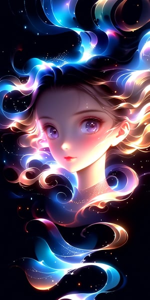 1girl, Airbrushing (Beautiful mystical allure) long swirling hair, smart, environment, Using airbrushing for art, often for smooth gradients, spray effects, line glowing, or automotive art,1 girl,anime,minimalist hologram