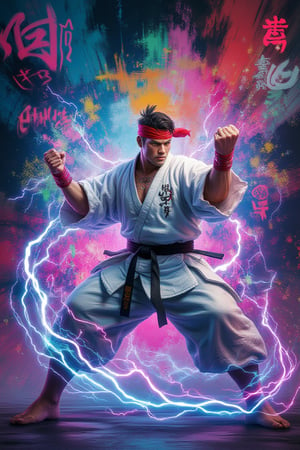 The artwork is a mesmerizing scene with abstract brushstrokes of vibrant colors.The background is alive with neon graffiti, futuristic heraldry, and a palpable sense of movement. The dominant figure is a fierce fighter dressed in a white kimono and red bandana, crackling with energy and lightning. The fighter’s powerful stance and intricately detailed aura seamlessly blend into the high-tech, abstract backdrop. The lively neon designs around the fighter add a touch of the ethereal.3dartCA,Midjourney_Whisper