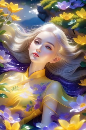 1 girl, upper body close-up, white hair, flowing hair, hazy beauty, extremely beautiful facial features, yellow embroidered dress, hair clip on the head, lying in the bushes, purple flowers, (spring, rainy days, terraces, mountains), simple vector art, contemporary Chinese art, soft light, layered form, seen from above,minimalist hologram,glow