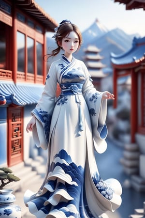 1girl, full-body, china ko, simple background, bright color, reddish cheeks, blue and white porcelain clothes, blue city, front, recent photo, blue and white porcelain mountain, blue and white porcelain building, blue and white porcelain background