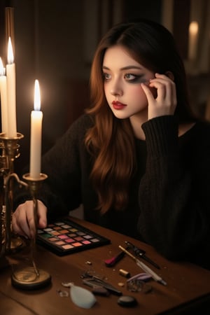 BeNhi,In a dimly lit room, a girl with long, flowing chestnut hair sits before a vintage vanity mirror, her excitement palpable as she prepares for Halloween night. Clad in a cozy black sweater, she gently applies a dramatic smoky eye makeup, the dark charcoal shadow smudged expertly around her bright green eyes that twinkle with mischief. Beneath her delicate fingers, a palette of vibrant colors lies scattered alongside intricate tools—brushes with soft bristles and sponges ready to create a haunting masterpiece. The flickering candlelight casts playful shadows across her face, enhancing the allure of her transformation. With a sense of anticipation, she adds a touch of deep crimson lipstick, leaving a bold stain that contrasts with her pale skin. A shiver of excitement runs down her spine as she envisions the thrilling adventures that await her under the spooky autumn moon, surrounded by the crisp scent of fallen leaves and the distant echoes of laughter in the neighborhood, where other ghoulishly adorned friends are gathering for the festive night ahead,Enhanced all,hlw cosplay