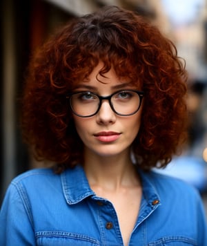 a woman with glasses is posing for a picture, red hair and attractive features, denim, photorealistic, portrait hd, (dark shorter curly hair), Turkish and Russian, hipster, girl, pixie,Masterpiece,portraitHD,photorealistic