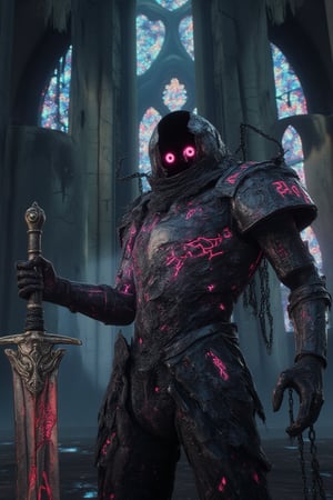 A chilling side-angle shot of a Crypt-Knight standing vigil over a ruined cathedral. The knight’s armor is a blend of corroded steel and glitching spectral light, covered in cryptic runes that pulse with eerie energy. Their helmet has no visor, only a dark void where glowing red eyes burn through the shadow. In one hand, they hold a massive sword wrapped in chains, the blade humming with necrotic power. The ruined gothic cathedral behind them is bathed in a faint glow, with shattered stained glass windows reflecting neon hues. The Crypt-Knight seems to command the very essence of death and decay around them, creating a surreal and haunting scene.Avatarwar