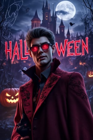 blend of real and illustration elements_CHLO, surrounded by the colorful text Halloween,Halloween themed,a handsome vampires man,fashion red vampire look,sunglasses,standing in front of a castle,moon,at night,dramatic light,Halloween,illustration elements of spider web,and cartoon ghosts,(masterpiece),ultra-detailed,best quality,8K,High-resolution,Extremely sharp detail without blurring,extremely intricate detail,extremely realistic,Award-winning artwork,Vshorror