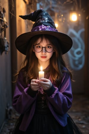 In a dimly lit room adorned with cobwebs and flickering shadows, a young girl, dressed as a whimsical witch, carefully balances a small, glowing candle in her hands. Her costume, a vibrant ensemble of purple and black, features a pointy hat adorned with sparkling sequins that glimmer in the candlelight. The atmosphere is thick with anticipation and a hint of mischief as she peers through oversized, round glasses, her eyes twinkling with excitement. The sweet scent of pumpkin spice lingers in the air, mixing with the faint rustle of leaves outside, signaling the approach of Halloween night. As she takes a step forward, the candlelight dances playfully on the walls, illuminating the playful ghosts and ghouls drawn in chalk, creating a magical ambiance that envelops her in warmth and wonder,Vshorror,Enhanced all,hlw cosplay