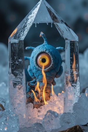 An extremely detailed and hyper-realistic macro view of an ice crystal, revealing tombstones on fire, evil eye, blueish rotting skin, and yellow eye. hidden inside its structures, Enhanced all, Frozen in time