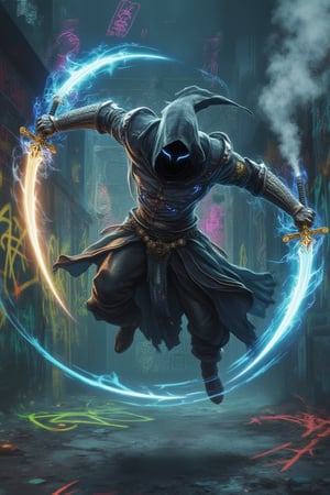 A fluid action shot of a Bladedancer, spinning in mid-air with twin swords radiating with luminous runes. Their sleek, reflective armor shimmers with blue and gold enchantments, the fabric of their cloak fluttering like a streak of neon light. Their sharp, angular helmet obscures their face, while their eyes glow fiercely. Each sword stroke leaves a glowing trail in the air as they slice through the smoky urban battlefield. The graffitied walls behind them are alive with neon tags and pixelated art, a stark contrast to their graceful, deadly movements.Avatarwar