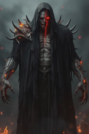 A cinematic digital art piece of a towering Revenant with a glowing red scar across his face. His ragged black cloak clings to his form, barely hiding the spikes of bone that jut from his armor. Glowing embers float from his cracked, mutated skin. The background is filled with swirling ash and faint, glowing lights.Avatarwar