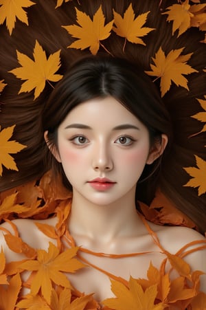 Autumn's Embrace | 8K close-up portrait from above, the Goddess's face surrounded by a spiral of floating maple leaves, her expression serene. Hair spreads out like autumn streams. Overhead beauty lighting, circular composition,BeNhi,Enhanced all