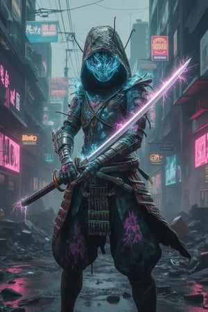 A sharp, focused shot of a Circuit-Slasher standing amidst a rain-soaked urban battlefield. The samurai-like figure wields a glowing katana, its blade sparking with electrical surges as it slices through the air. Their cybernetic arms are adorned with graffiti-like designs, and their armor is a blend of traditional samurai plating fused with futuristic, glitching tech. The Circuit-Slasher’s visor reflects neon signs from the surrounding ruins. Behind them, shattered holographic billboards flicker, and the hum of digital interference echoes through the alleyways. The atmosphere feels cold and detached, yet alive with digital energy..Avatarwar