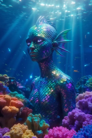 A 3D render of an oceanic chimera in a coral reef. The chimera has a human face with deep blue eyes on the left side and is covered in shimmering, scaled skin like a fish on the right side. There's a fin emerging where an ear would be. The scales reflect light beams in a myriad of colors—blues, greens, and purples. Brightly colored coral with intricate textures surrounds the figure, and tiny fish swim through the water, casting dynamic light patterns across the scene. The overall effect is one of underwater magic,FaDual