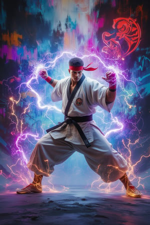 The artwork is a mesmerizing scene with abstract brushstrokes of vibrant colors.The background is alive with neon graffiti, futuristic heraldry, and a palpable sense of movement. The dominant figure is a fierce fighter dressed in a white kimono and red bandana, crackling with energy and lightning. The fighter’s powerful stance and intricately detailed aura seamlessly blend into the high-tech, abstract backdrop. The lively neon designs around the fighter add a touch of the ethereal.3dartCA,Midjourney_Whisper