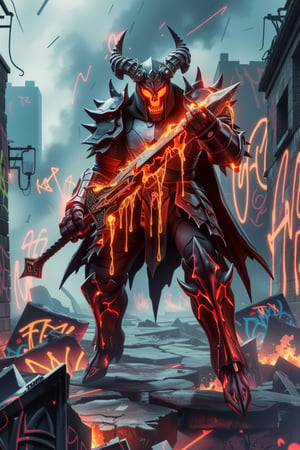 The Hell Knight stands tall in dark, jagged armor, with glowing neon red lines tracing the edges of every plate. His helmet, adorned with sharp horns, emits a faint glow from the visor, concealing his face in shadows. He wields a massive, spiked greatsword with molten cracks along its length, dripping neon orange embers. The sword hums with energy as he grips it with both hands, preparing for a devastating strike. The crumbling battlefield he stands on is lit by flickering graffiti lights from shattered walls, casting eerie shadows on the cracked ground beneath his feet,Avatarwar