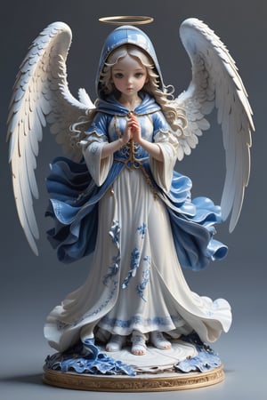 1girl figure of an angel in a hood, down on one knee, with one hand resting his fingers on the ground, with the other hand holding the hilt of a sword stuck in the ground on the royal background. The gaze is directed into the distance. The wings are folded behind the back. The figure is made of white and blue porcelain,3d isometric,BookScenic,