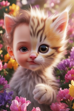 Human-Kitten Chimera in a Flower Garden: A close-up of a human-kitten chimera with one half of the face showing a tiny human child with big, innocent eyes and a small, button nose, while the other half is kitten-like, covered in soft, fluffy fur with tiny whiskers and a small, pink nose. The kitten eye is large and round, gleaming with curiosity. The background is a vibrant flower garden, with colorful blossoms in full bloom, and beams of sunlight creating a warm, inviting atmosphere. The fur, the delicate whiskers, and the petals of the flowers are all captured in vivid, hyper-detailed 3D, making the chimera irresistibly cute and lifelike,FaDual