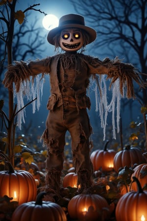 In a dimly lit pumpkin patch under the eerie glow of a harvest moon, a tattered scarecrow stands sentinel among gnarled vines. Its frayed straw arms are outstretched as if warding off unseen spirits, while its burlap face, stitched with an unsettling grin, is partially obscured by shadow. Glistening cobwebs drape like ghostly curtains between rows of luminescent orange pumpkins, each one glowing faintly with a flickering candle nestled inside. A chilling breeze whispers through the fields, carrying the sweet, rotting scent of overripe fruit mingled with the crisp aroma of fallen leaves. As night deepens, the haunting hoots of distant owls resonate, creating an atmosphere thick with suspense and anticipation, perfect for Halloween 2024. The atmosphere crackles with energy, as if the very air is charged with the thrill of impending mischief and otherworldly encounters,Vshorror,Enhanced all