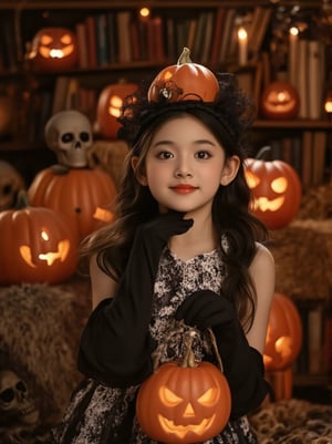 A Halloween portrait of a young girl in an elegant, vintage-inspired setting. She wears a black and white patterned dress, long black gloves, and a black lace cat ear headband. The scene is decorated with glowing jack-o'-lanterns and set against a warm, cozy library background with bookshelves. The lighting is warm and atmospheric with orange tones from the pumpkins. The model is holding a carved pumpkin with a friendly smile. Props include multiple decorative pumpkins, plush blankets, and skull decorations. The makeup is natural and elegant with subtle rosy lips. Studio photography with soft lighting, high resolution, 8k quality, shot with professional camera,BeNhi,Hlwbae