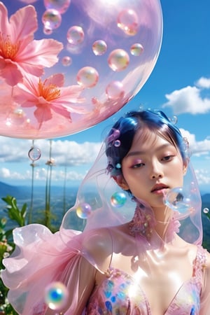 (close-up face view:1.9),a woman in a pink dress blowing bubbles, high fashion magazine cover, glossy flecks of iridescence, of a youthful Japanese girl, wearing translucent sheet, blue sky above, promotional render, adorned in a transparent plugsuit, delicate crystal wings extending gracefully, immersed in an alien landscape, clouds forming a celestial ballet, exotic flora adding to the dreamlike atmosphere.",more detail XL,glitter,Glass Elements,skirtlift,dreamgirl
