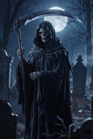 In the dimly lit ambiance of a shadowy graveyard, a haunting figure emerges, draped in a tattered, black cloak that billows softly in the chilly night breeze. The skeletal visage, devoid of flesh yet unnervingly detailed, glows with an eerie luminosity, emphasizing the hollow sockets of its eyes that seem to draw in the surrounding darkness. In its bony hand, it wields a long, gleaming scythe, the blade sharp and glistening under the pale light of a waning moon, reflecting a haunting silver sheen. As tendrils of fog curl around the weathered tombstones scattered across the uneven ground, the air is thick with an underlying tension, as if the very essence of life is hesitant to linger. The faint rustle of dry leaves whispers secrets from beyond the grave, while the acrid scent of damp earth and decay lingers in the atmosphere. This figure embodies an aura of both foreboding and inevitability, a spectral presence that commands reverence as it glides silently through the cemetery, shadowing the path of those who have crossed the veil between life and death,Enhanced all,Vshorror,dream3d