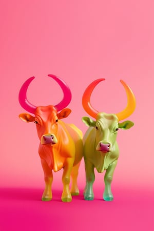 
cow, pair of horns made out of gummiLay, colorful, gradient background, no humans, fruit, animal, pink background, holding food, realistic, animal focus,gummiLay