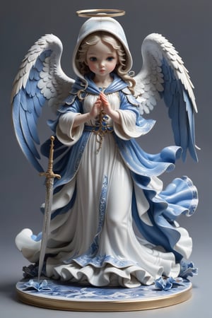 1girl figure of an angel in a hood, down on one knee, with one hand resting his fingers on the ground, with the other hand holding the hilt of a sword stuck in the ground on the royal background. The gaze is directed into the distance. The wings are folded behind the back. The figure is made of white and blue porcelain,3d isometric,BookScenic,