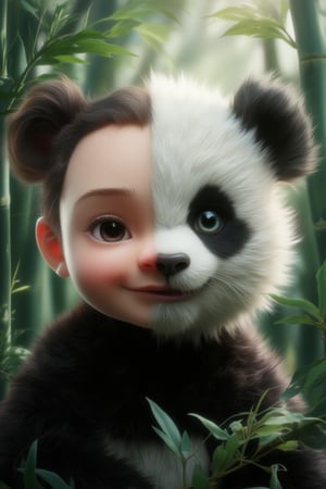 Human-Panda Chimera in a Bamboo Forest: An ultra close-up of a child-panda chimera with one side of the face showing a cute, chubby-cheeked human child with soft, round features and big, dark eyes, while the other side is panda-like, covered in fluffy black-and-white fur. The panda eye has a playful glint, with the characteristic black patch around it, blending seamlessly with the human side. The background is a lush bamboo forest, with beams of sunlight filtering through the tall, green stalks. The fur is rendered in a soft, touchable texture, with every detail of the bamboo leaves, and the gentle light, captured in vivid, hyper-detailed 3D, creating a heartwarming and endearing image.,FaDual