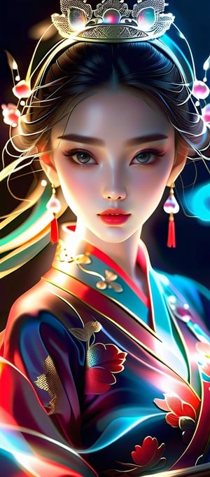 masterpiece,official art,extremely detailed cg unity 8k wallpaper,highly detailed,absurdres,8k resolution,studio light,studio,exquisite facial features,prefect face,pink eyeshadowsm,red lips,highres,1girl,Steady,calm,Wuxia,traditional Chinese costume,(Smoke:1.2),(glowing behind it:1.2),depth of field,panorama,cinematic lighting,fullbody,ray tracing,best quality,minimalist hologram,glow,dreamgirl,Glowing sign,