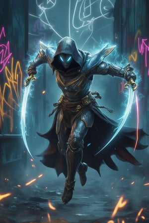 A fluid action shot of a Bladedancer, spinning in mid-air with twin swords radiating with luminous runes. Their sleek, reflective armor shimmers with blue and gold enchantments, the fabric of their cloak fluttering like a streak of neon light. Their sharp, angular helmet obscures their face, while their eyes glow fiercely. Each sword stroke leaves a glowing trail in the air as they slice through the smoky urban battlefield. The graffitied walls behind them are alive with neon tags and pixelated art, a stark contrast to their graceful, deadly movements.Avatarwar