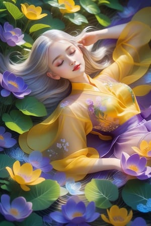 1 girl, upper body close-up, white hair, flowing hair, hazy beauty, extremely beautiful facial features, yellow embroidered dress, hair clip on the head, lying in the bushes, purple flowers, (spring, rainy days, terraces, mountains), simple vector art, contemporary Chinese art, soft light, layered form, seen from above,minimalist hologram