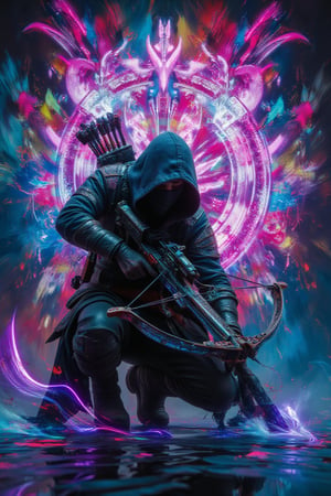 A 3D render of a cyberpunk artwork. The artwork is a mesmerizing scene with abstract brushstrokes of vibrant colors.The background is alive with neon graffiti, futuristic heraldry, and a palpable sense of movement. The dominant figure is an agile rogue, crouched low with crossbow in hand, ready to strike from the shadows. The rogue’s stealthy posture and intricately detailed blades seamlessly blend into the high-tech, abstract backdrop. The lively neon designs around the rogue add a touch of the ethereal.,3dartCA