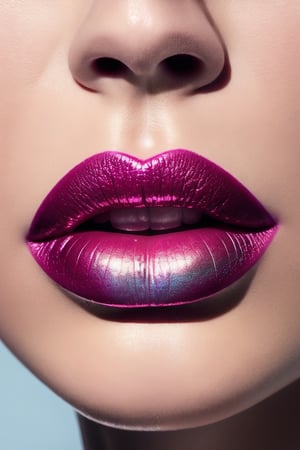 Macro lips, photo of a woman, close up of her face, She is looking at the camera with confident and shiny lips, red lips seductive expression, her lips slightly parted, platinum blonde hair, shiny lips