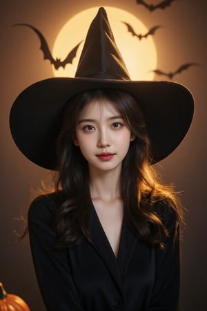 Cute Halloween witch portrait, young Asian girl, Front view. Background: warm golden lighting, full moon, flying bats silhouettes, Halloween decorations. Studio photography style, soft dramatic lighting, high quality, detailed,Outfit_cute