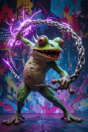  A 3D render of a cyberpunk artwork. The artwork is a mesmerizing scene with abstract brushstrokes of vibrant colors.The background is alive with neon graffiti, futuristic heraldry, and a palpable sense of movement. The dominant figure is a crazy frog-like being with sharp teeth, whipping a jagged whip with a chain, ready to strike. The being’s amphibian features, and intricately detailed whip seamlessly blend into the high-tech, abstract backdrop. The lively neon designs around the being add a touch of the ethereal.3dartCA,Midjourney_Whisper