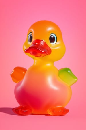 a duck, shell made out of gummiLay, colorful, gradient background, no humans, fruit, animal, pink background, holding food, realistic, animal focus,gummiLay
