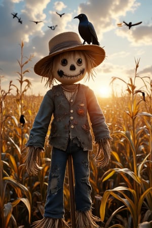 In the middle of a sprawling, vibrant cornfield, a weathered scarecrow stands sentinel, its tattered flannel shirt fluttering slightly in the gentle breeze. The face, stitched with uneven black patches, gives it a rustic charm, while a wide-brimmed straw hat sits precariously atop its head, providing shade from the sun’s warm rays. Around its neck hangs a string of dried corn husks, adding a pop of color against the brown and gold backdrop of the field. As golden sunlight filters through the fluffy white clouds overhead, it casts elongated shadows that dance across the earth. The air is filled with the sweet scent of ripening corn, mingled with the earthy aroma of freshly turned soil. In the distance, scattered crows gather on the fence, curiously observing this peculiar figure, their sharp caws piercing the serene atmosphere. The scarecrow, though silent and still, seems to embody a sense of both solitude and purpose, guarding the field against those winged intruders with an air of quiet determination. A gentle rustle of leaves accompanies the soft whispers of the wind, as nature continues its harmonious melody around this solitary sentinel,Vshorror,Enhanced all