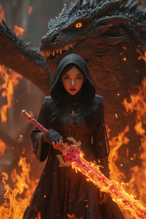 BeNhi,A captivating dark fantasy scene featuring a mysterious hooded woman, engulfed in flames of fiery orange and red. Her posture is firm, and she wields a radiant sword embellished with rubies. Her intense, determined gaze pierces through the atmosphere. In the background, an awe-inspiring dragon with black scales and golden highlights emerges, its fiery eyes filled with fury and power. The composition pulses with energy, expertly crafted with deep shadows contrasted by brilliant lights. The essence of peril and heroism is palpable, leaving a lasting impression,Vshorror,Enhanced all,