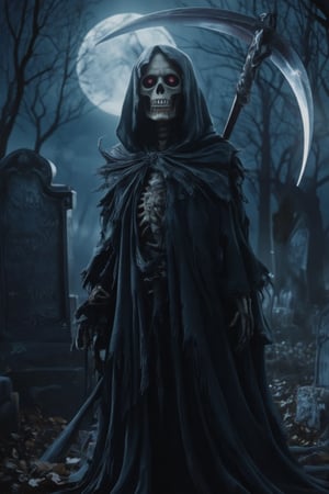 In the dimly lit ambiance of a shadowy graveyard, a haunting figure emerges, draped in a tattered, black cloak that billows softly in the chilly night breeze. The skeletal visage, devoid of flesh yet unnervingly detailed, glows with an eerie luminosity, emphasizing the hollow sockets of its eyes that seem to draw in the surrounding darkness. In its bony hand, it wields a long, gleaming scythe, the blade sharp and glistening under the pale light of a waning moon, reflecting a haunting silver sheen. As tendrils of fog curl around the weathered tombstones scattered across the uneven ground, the air is thick with an underlying tension, as if the very essence of life is hesitant to linger. The faint rustle of dry leaves whispers secrets from beyond the grave, while the acrid scent of damp earth and decay lingers in the atmosphere. This figure embodies an aura of both foreboding and inevitability, a spectral presence that commands reverence as it glides silently through the cemetery, shadowing the path of those who have crossed the veil between life and death,Enhanced all,Vshorror,dream3d