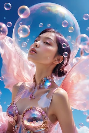 (close-up face view:1.9),a woman in a pink dress blowing bubbles, high fashion magazine cover, glossy flecks of iridescence, of a youthful Japanese girl, wearing translucent sheet, blue sky above, promotional render, adorned in a transparent plugsuit, delicate crystal wings extending gracefully, immersed in an alien landscape, clouds forming a celestial ballet, exotic flora adding to the dreamlike atmosphere.",more detail XL,glitter,Glass Elements,skirtlift,dreamgirl