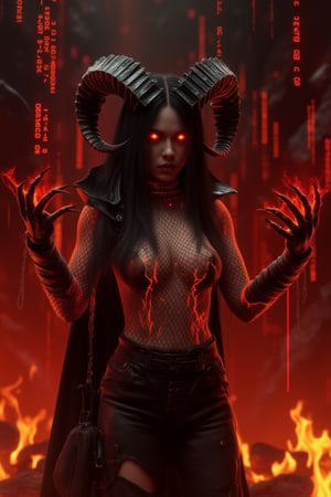 A haunting digital portrait of a demoness in gothic attire, her long black hair cascading down her back, framed by the sharp, black horns protruding from her head. She stands tall, her fishnet clothing and leather armor blending seamlessly into the fiery red and orange background. Her glowing, crimson eyes pierce through the darkness as she grips the hellish data streams with clawed hands. The environment around her glitches with heat, as if she is at the threshold of a burning, hellish dimension, ready to unleash her wrath.Avatarwar