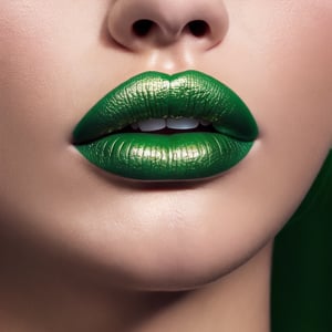 Macro lips, photo of a woman, close up of her face, She is looking at the camera with confident and shiny lips( green lips: 1.2) seductive expression, her lips slightly parted, platinum blonde hair,