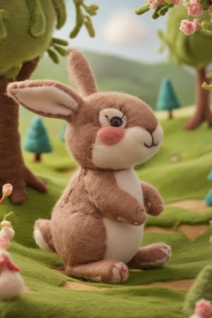 A very beautiful cute baby rabbit sewn from felt. in the forest landscape seen from the side,AnMifelt