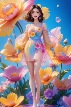 1girl beauty is standing on the flower,the facial details are perfect,and the character details are exquisite,trendy fashion clothes,trendy portraits,bright colors,clean background,3D cartoon style rendering,Panoramic view,large aperture,pop Mart production,delicate gloss,8K gradient translucent glass melt,frosted glass