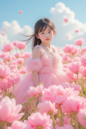 pink_flower_meadow, Portrait of a little girl in a field of fluffy, soft pink flowers, surrounded by vibrant, billowing petals that create a dreamy atmosphere. The setting is an ethereal landscape under a clear, sunny sky, with soft clouds adding to the serene vibe. The girl is wearing a delicate, feathery dress in shades of pastel pink, adorned with sparkling embellishments that catch the light. Her hair flows gently in the breeze, blending harmoniously with the floral surroundings. The overall aesthetic is hyperrealistic, capturing the intricate details of the flowers and the texture of the fabric, with a color palette dominated by soft pinks, whites, and gentle hints of blue from the sky, creating a whimsical and romantic mood.,Enhanced all,Asian