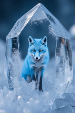 An extremely detailed and hyper realistic Macro view of an ice crystal, revealing a blue fox hidden inside its structures,Frozen in time