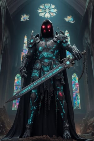 A chilling side-angle shot of a Crypt-Knight standing vigil over a ruined cathedral. The knight’s armor is a blend of corroded steel and glitching spectral light, covered in cryptic runes that pulse with eerie energy. Their helmet has no visor, only a dark void where glowing red eyes burn through the shadow. In one hand, they hold a massive sword wrapped in chains, the blade humming with necrotic power. The ruined gothic cathedral behind them is bathed in a faint glow, with shattered stained glass windows reflecting neon hues. The Crypt-Knight seems to command the very essence of death and decay around them, creating a surreal and haunting scene.Avatarwar