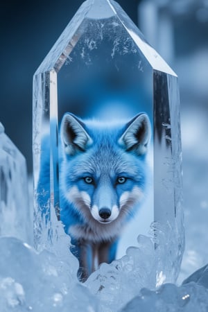 An extremely detailed and hyper realistic Macro view of an ice crystal, revealing a blue fox hidden inside its structures,Frozen in time