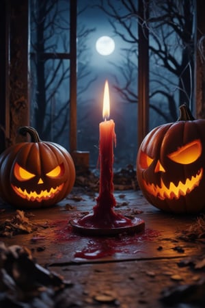 In a dimly lit room adorned with cobwebs and flickering shadows, a solitary candle burns, its flame dancing with an eerie grace. The wax drips slowly, pooling at the base, a deep crimson resembling fresh blood. Surrounding the candle, carved pumpkins with ghoulish grins silently watch, their hollow eyes seemingly glowing with a mischievous light. The air is thick with the scent of burnt sugar and autumn spices, while a gentle breeze rustles the dried leaves scattered across the wooden floor. Outside, the moon hangs high, casting an ominous glow that filters through the grimy windowpanes. Whispers of the night create an unsettling atmosphere, as the shadows stretch and twist, hinting at ghostly presences awaiting their moment to awaken on this Halloween night of 2024,Vshorror,Enhanced all